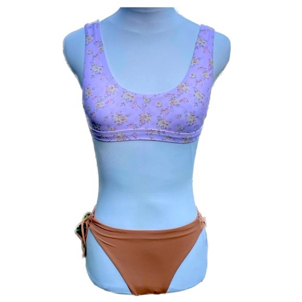 Dippin’ Daisy’s 2 Piece Bikini Pink Floral and Tan Both Pieces Size Small